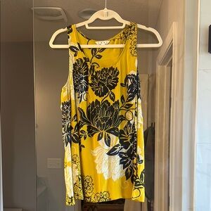 CAbi Mustard and Black Leaf Print Blouse